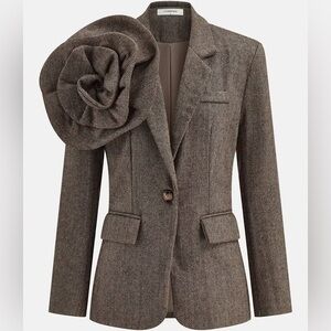 COMMENSE Large 3d flower single button tweed blazer